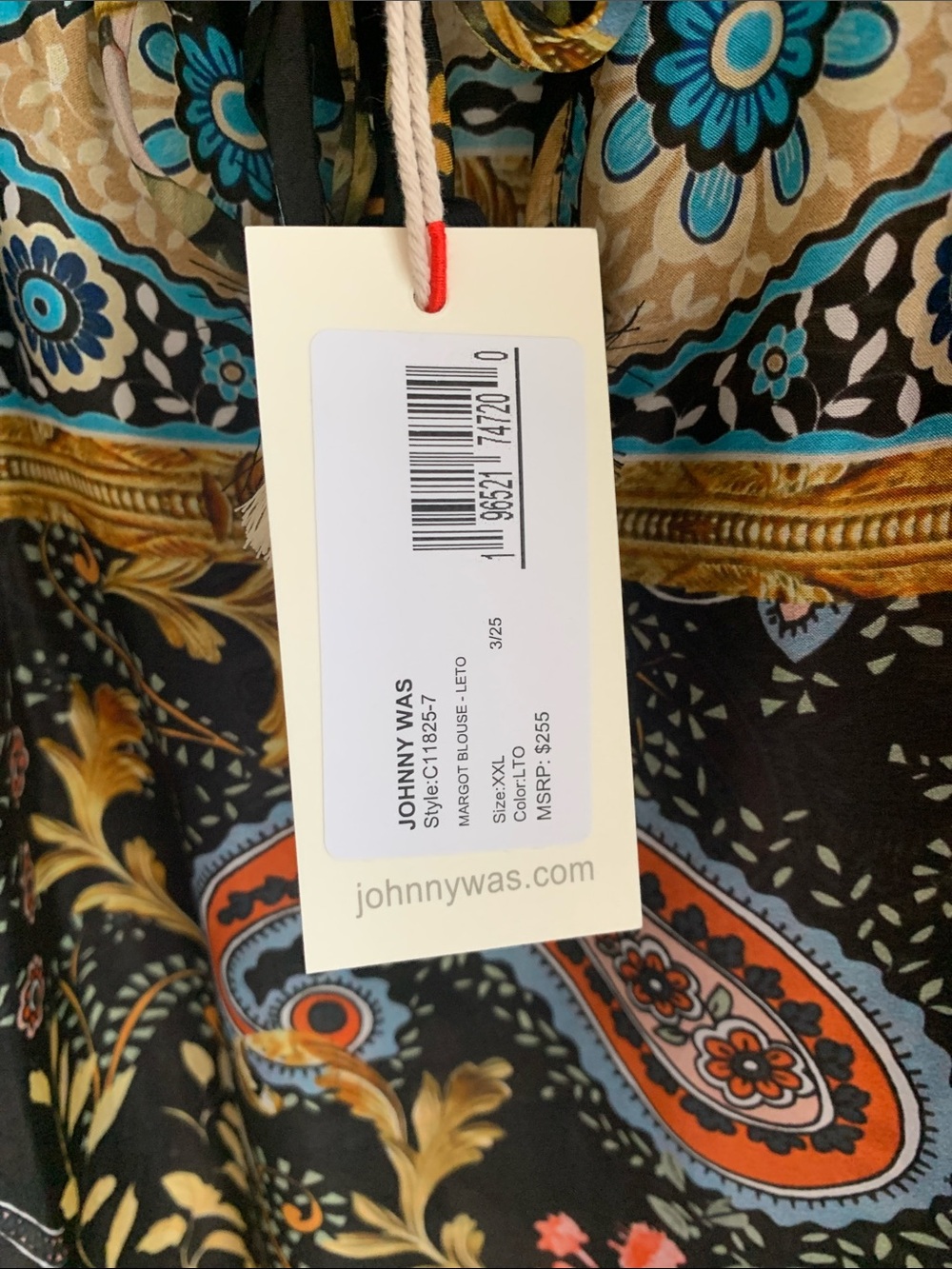 Johnny Was Black Floral Paisley V-Neck Tunic with Gold Trim - Picture 3 of 8